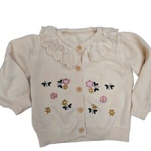 Amazon Floral‎ Embroidered Knit Cardigan with Lace Collar – Cream, Size 110 4T